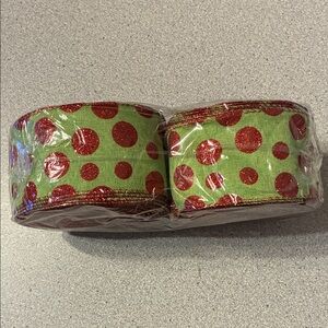 New two rolls Green Wired  Ribbon with  Red Polka Dots  25 yards